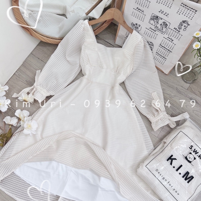 [Sẵn] Đầm nude midi tay nơ cổ U dáng xoè tiểu thư