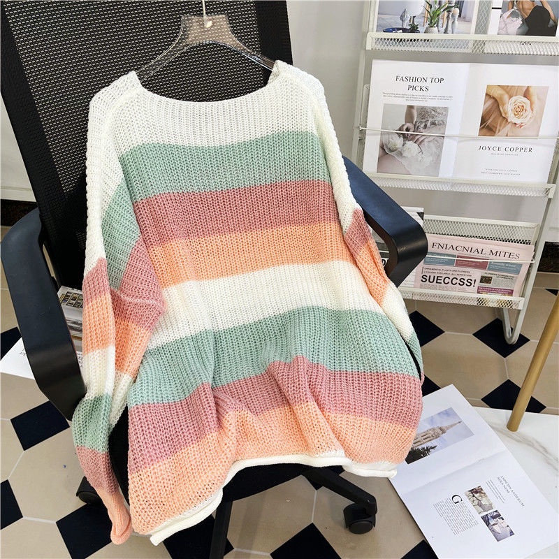 Áo Sweater Dệt Kim Kẻ Sọc Dáng Rộng Thời Trang Mùa Thu Cho Nữ