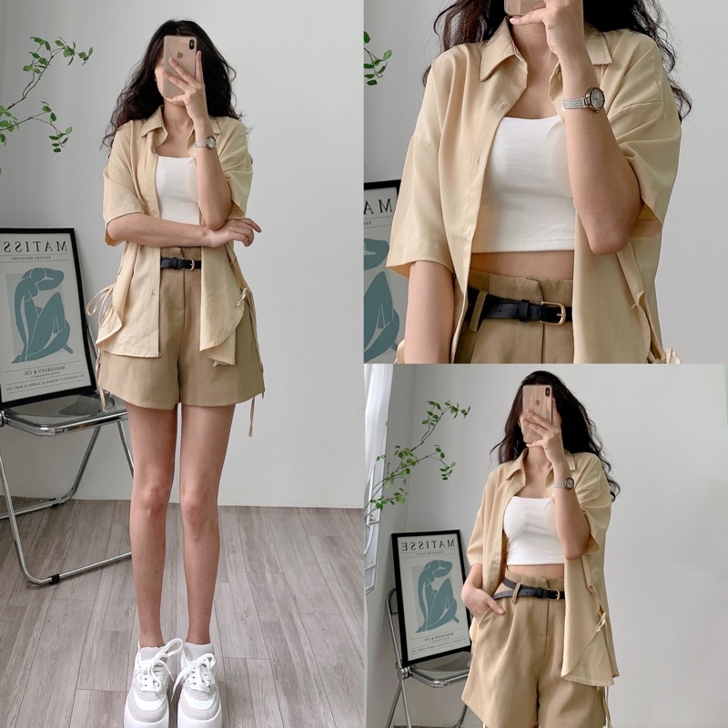 [Ảnh thật/Video]Áo sơ mi hai vạt buộc hông xinh xắn Áo sơ mi dây nơ hàng Quảng Châu