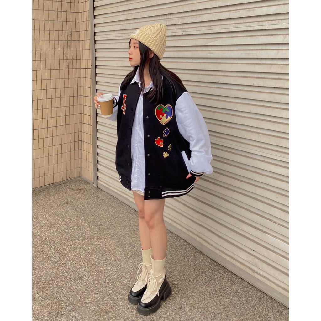 Áo khoác Bomber nữ HEART PIECES 2 màu form rộng thiết kế độc lạ bao đẹp tpp357 hàng mới