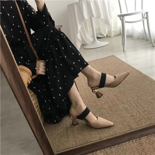 Guốc cao gót 2 màu đen - be