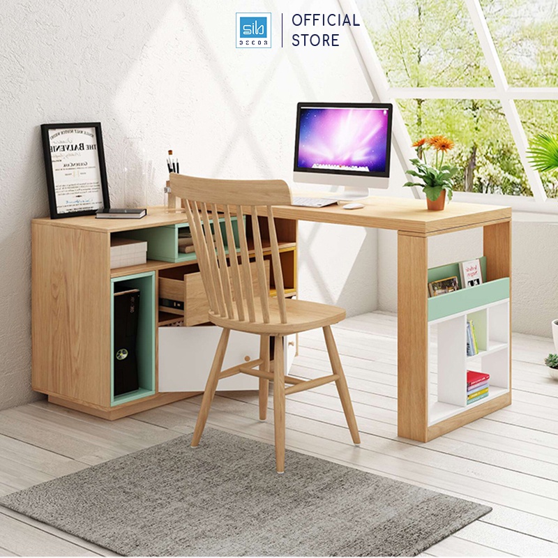 Bàn Làm Việc Tại Nhà Sáng Tạo Kèm Tủ Sách Phong Cách Bắc Âu Thương Hiệu SIB Decor (Không Gồm Ghế