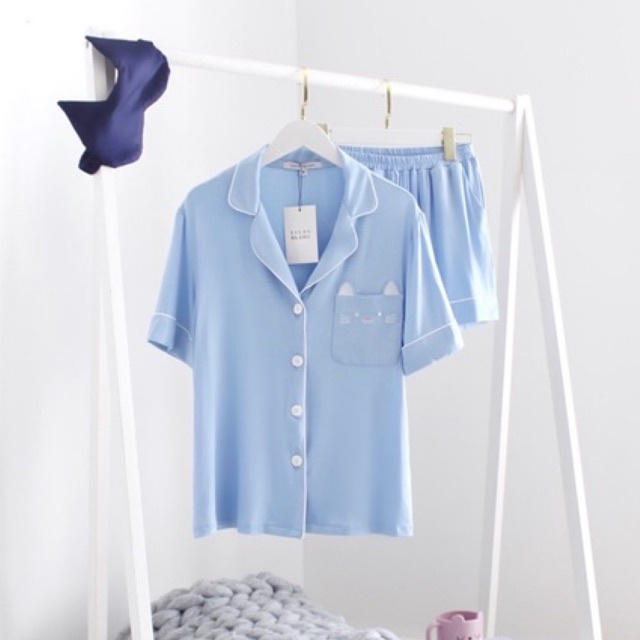 Bộ Pyjamas Nữ Áo Cộc Quần Cộc Chất Liệu Cotton Nhiều Màu Thiết Kế Túi Thỏ Bunny LILAS BLANC