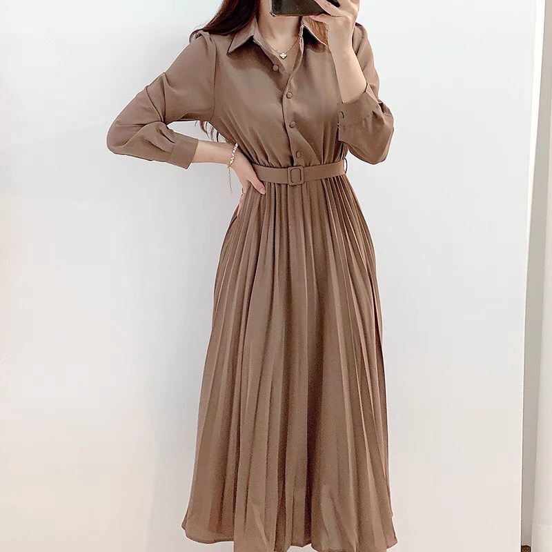 Váy liền dáng dài chân váy xếp ly