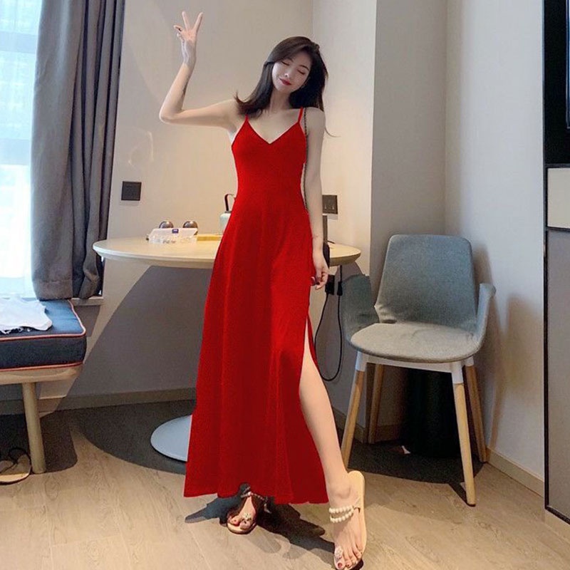 Đầm hai dây dài XINLANYASHE tay phồng cổ chữ V màu trơn quyến rũ phong cách Hàn Quốc thời trang đi biển dành cho nữ
