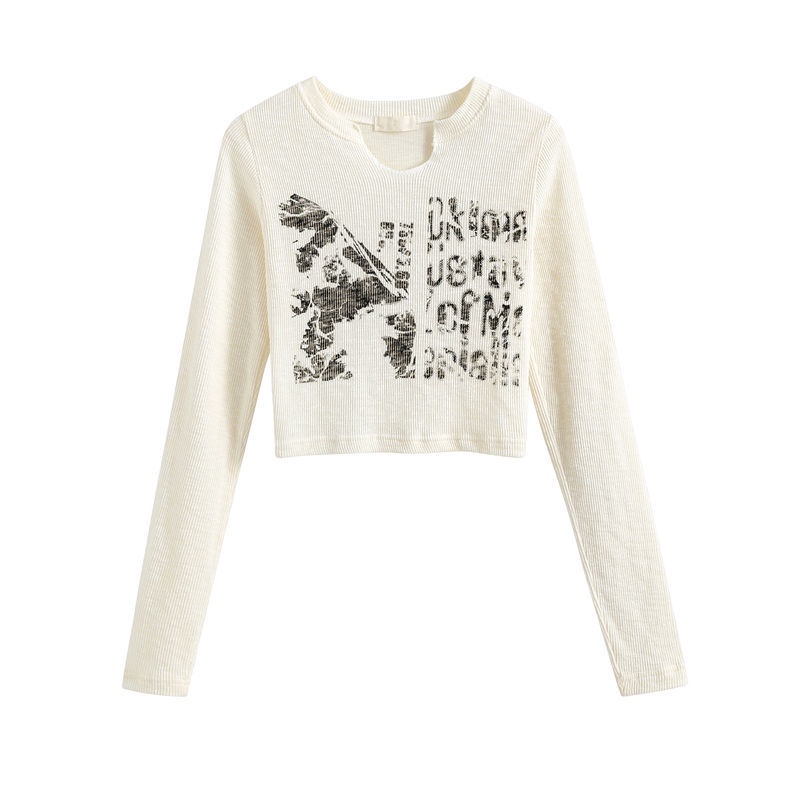 Áo Thun cotton Mỏng Tay Dài Cổ Chữ v Ôm Dáng In Chữ Thời Trang Mùa Xuân Hàn Quốc 2022 Cho Nữ