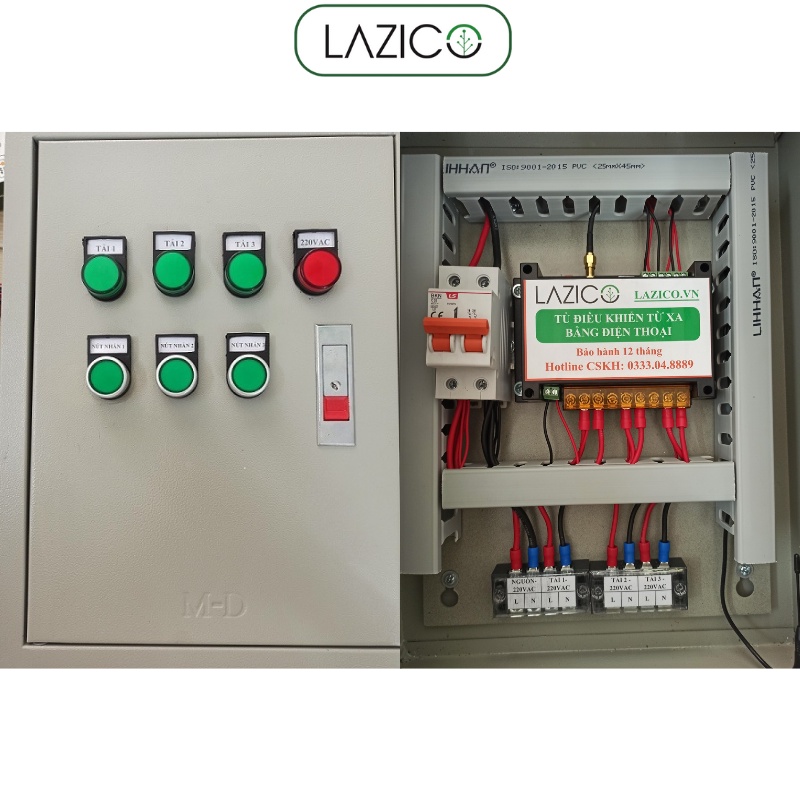 Tủ điều khiển từ xa bằng điện thoại 3 kênh cho máy bơm, motor, quạt công suất 1500w/kênh 1pha LAZICO LZ3B