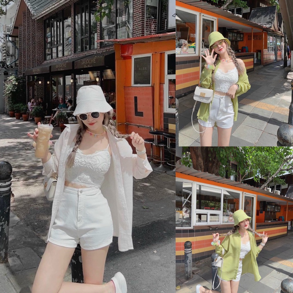 Sét 3 món nữ siêu xinh áo khoác áo bra ren kèm quần đùi thời trang