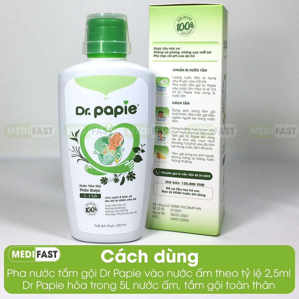 Sữa tắm gội thảo dược cho bé Dr.Papie phù hợp với làn da nhạy cảm của bé - Chai 230ml