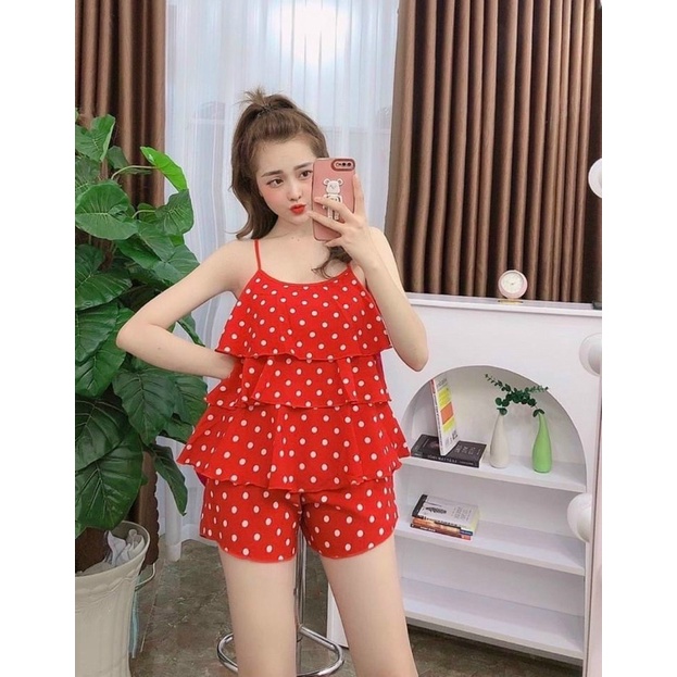 Bộ lụa hàn chấm bi 3 tầng dễ thương vải bao mát