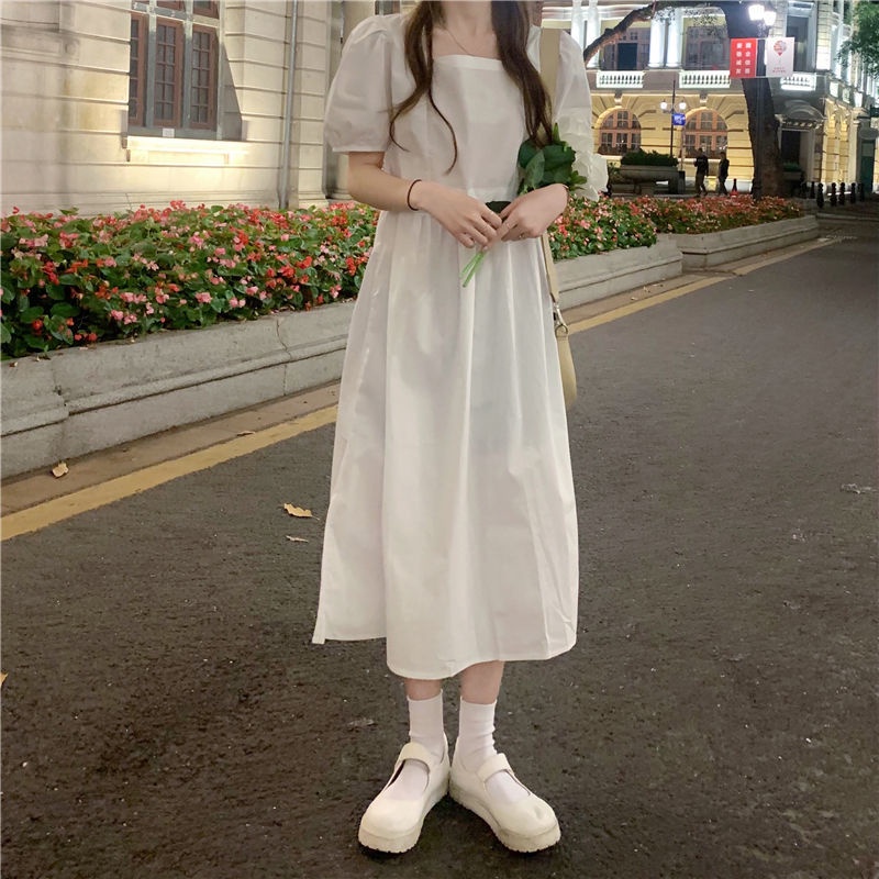 Đầm Tay Phồng Ngắn Cổ Vuông Chiết Eo Phong Cách Hàn Quốc