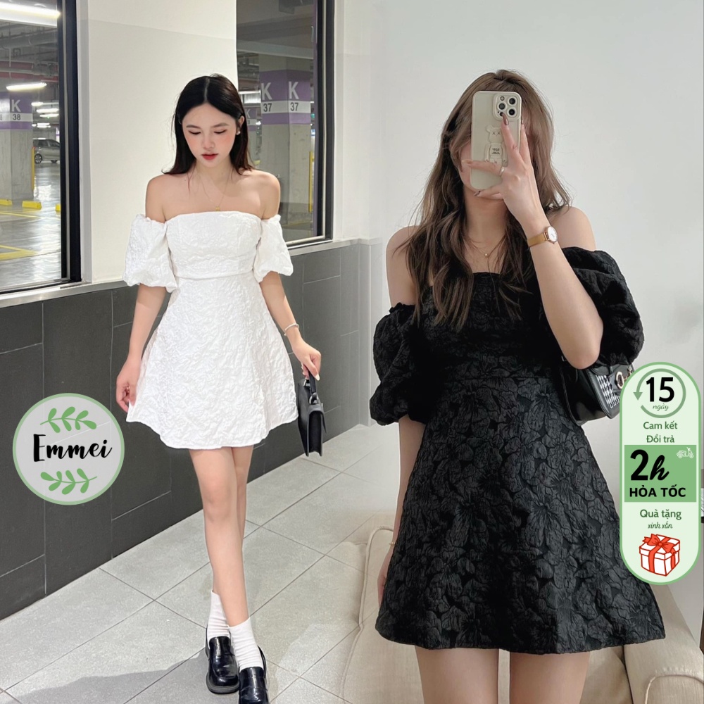 Váy trễ vai tay bồng vân hgoa nổi đen trắng Emmei - v180