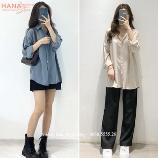 Áo sơ mi nữ form rộng vải Lụa tay dài kiểu Hàn Quốc - Áo sơ mi Vintage Ulzzang nữ trơn cao cấp mặc đi học làm công sở