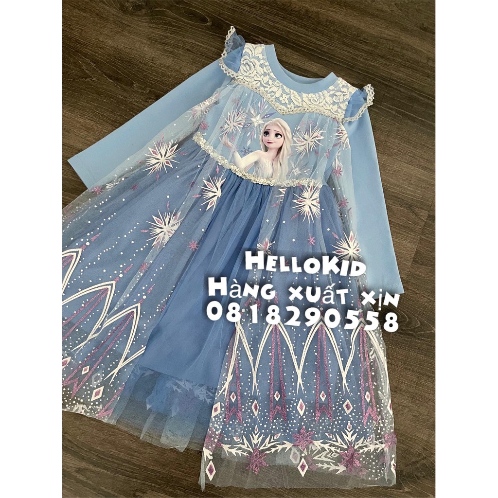 V243 - Váy nỉ phối ren xanh elsa bé gái
