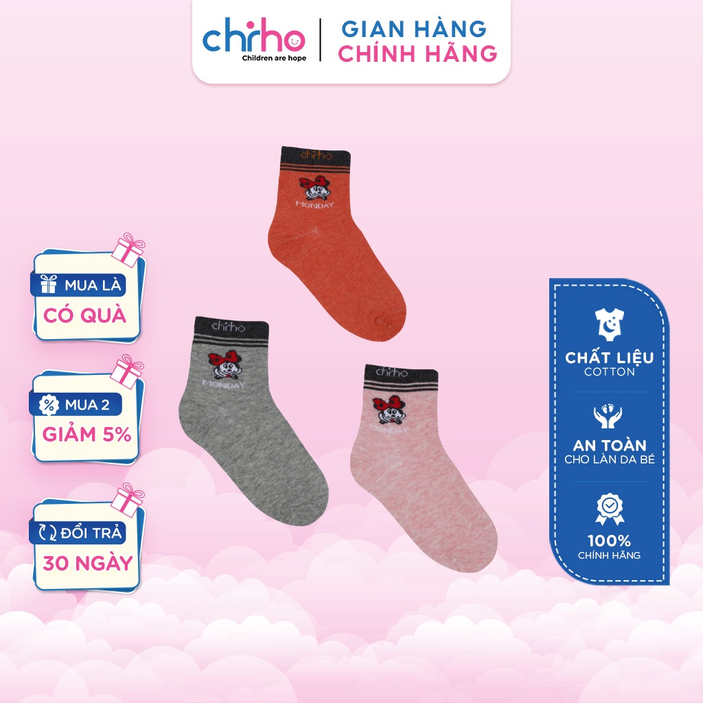 Tất Dệt Bé Gái CHIHO Hình In Dễ Thương Cho Trẻ Từ 6 - 9 Tuổi, Màu Ghi, Hồng, Cam CSG69-05