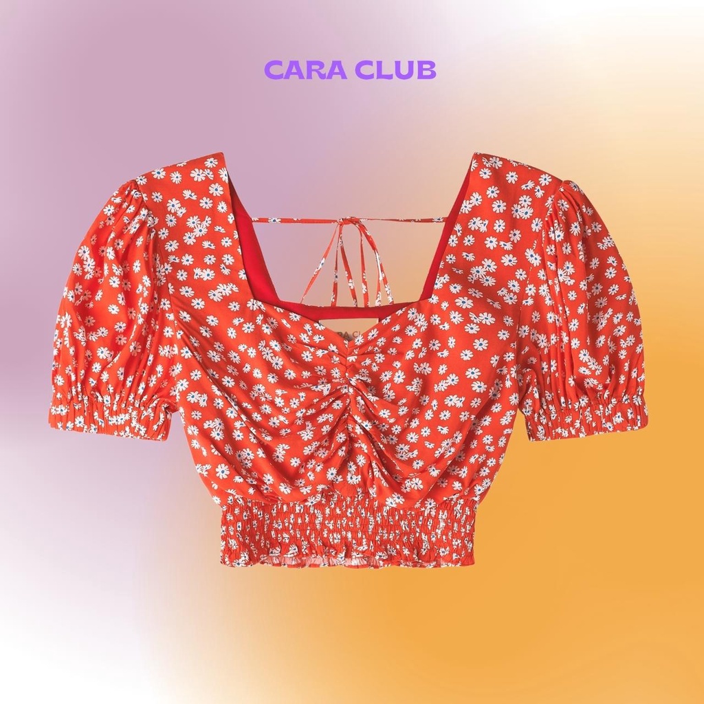 CARA Áo Xavia màu navy và đỏ dáng croptop ngắn tay phồng nữ tính
