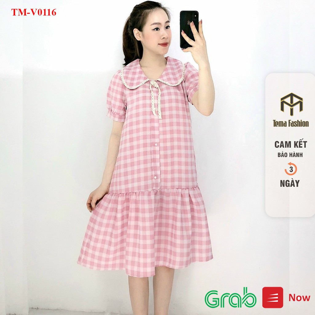 [Mã FAXANH245 giảm 10K đơn 50K] Váy bầu TEMA - Đầm bigsize dáng dài kẻ caro cổ kèm dây nơ chất cotton siêu mát