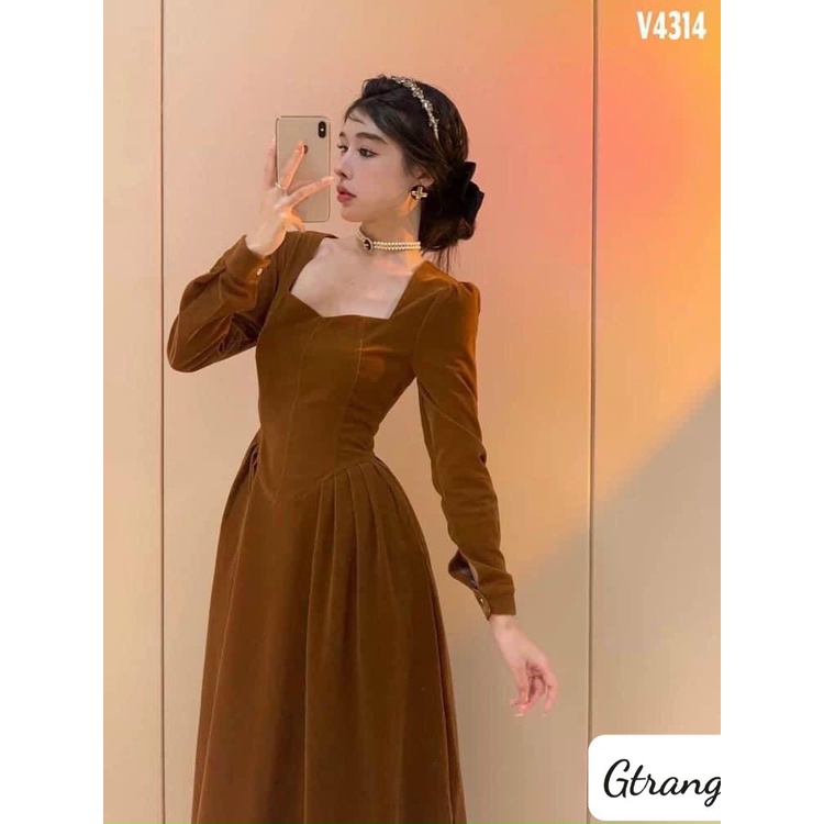 [Aimee Clothing] Váy nhung cổ vuông dáng xòe tiểu thư - Váy công chúa xếp ly cổ lượn vintage