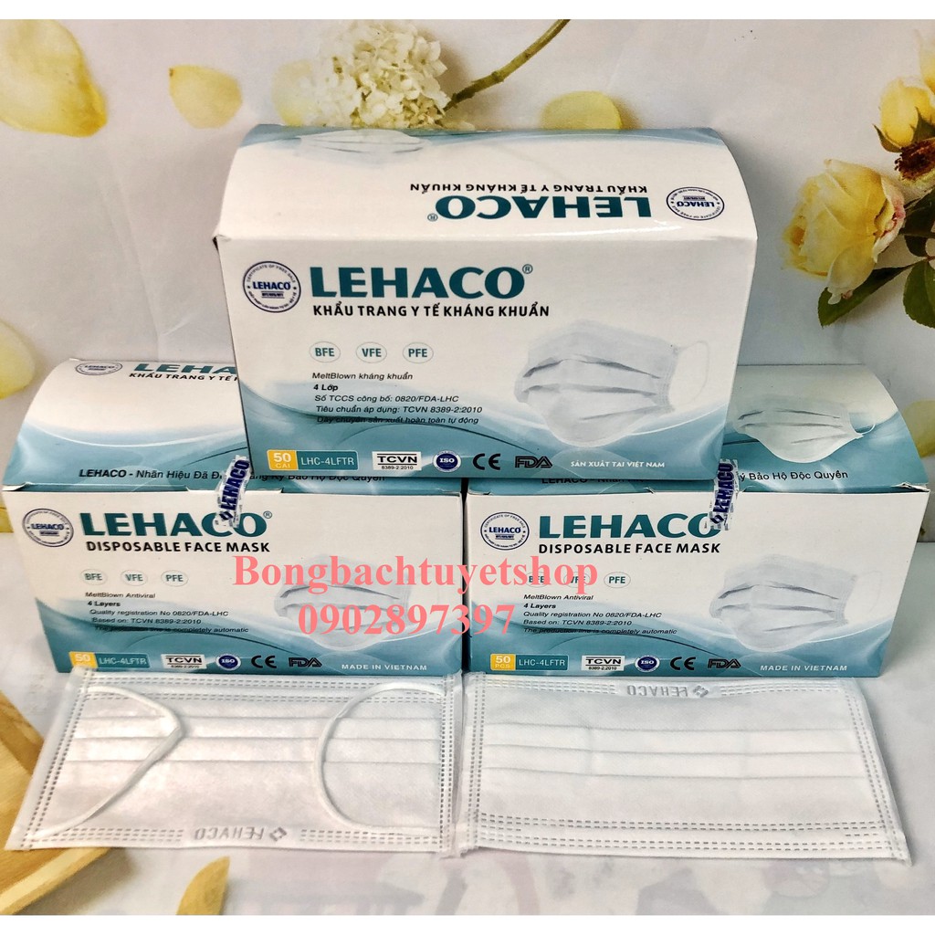 Khẩu trang Màu Trắng Lehaco 4 lớp kháng khuẩn 50 cái/ hộp - Khẩu trang y tế Lehaco