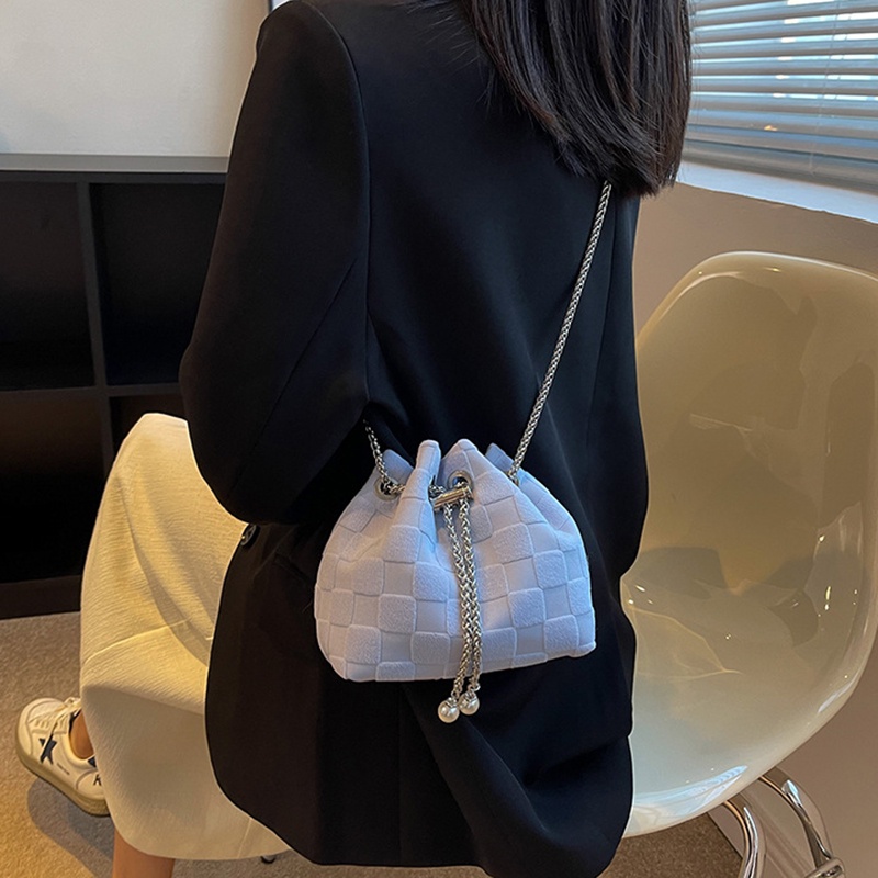 Túi đeo chéo IELGY thiết kế dây rút họa tiết kẻ sọc thời trang dành cho nữ