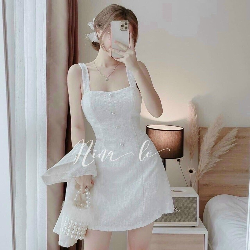 SET ĐẦM 2 DÂY DẠ BỐ + KHOÁC CROP ĐÍNH NÚT