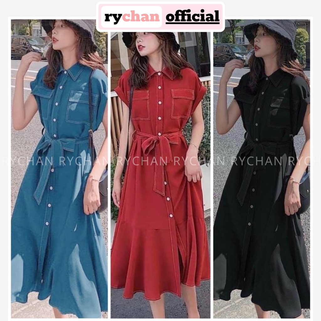 Đầm Công Sở Cổ Sơ Mi Túi Hộp Tay Ngắn Nút Trắng Thắt Eo Đuôi Cá Phối Viền Màu Đỏ Xanh Đen - DX9841