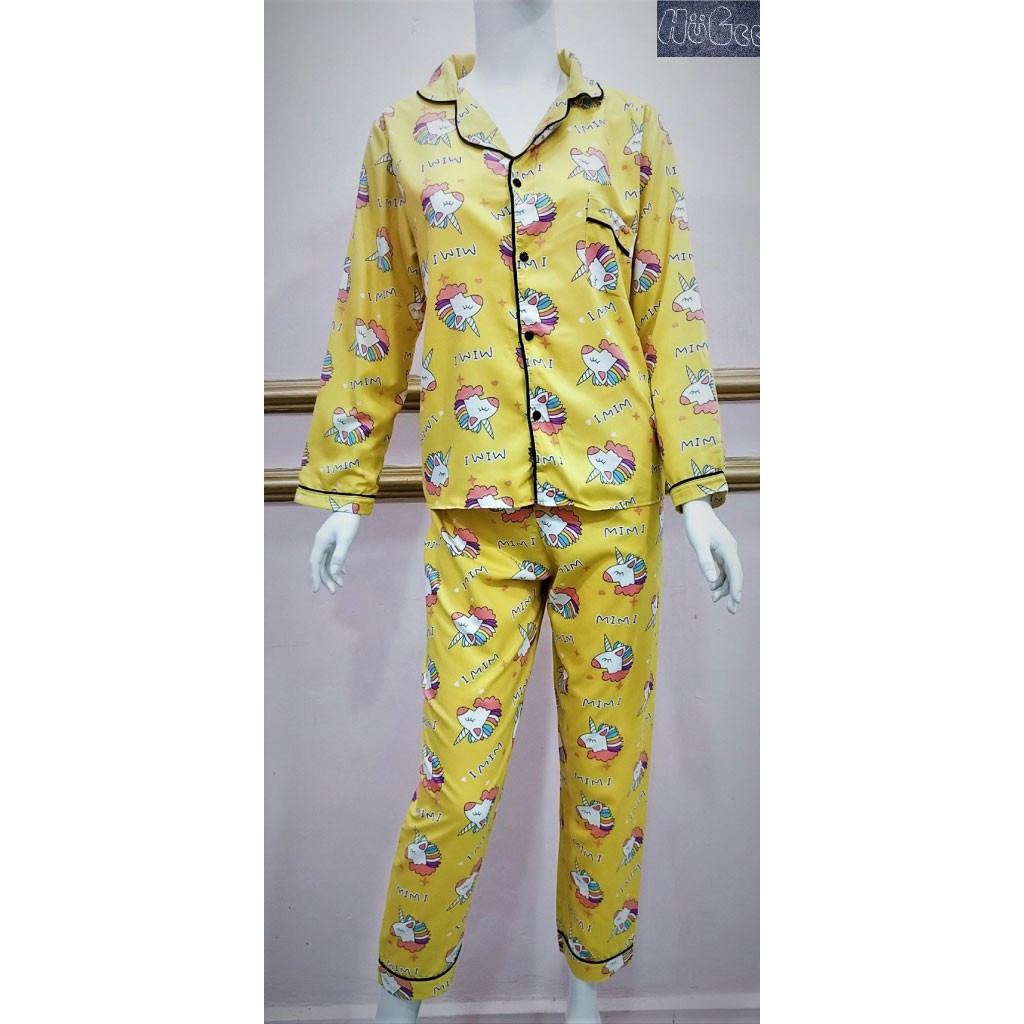 [FREESIZE] Đồ bộ mặc nhà Pijama HUGEE cao cấp vải Kate Thái loại 1 màu vàng họa tiết Kỳ Lân A020