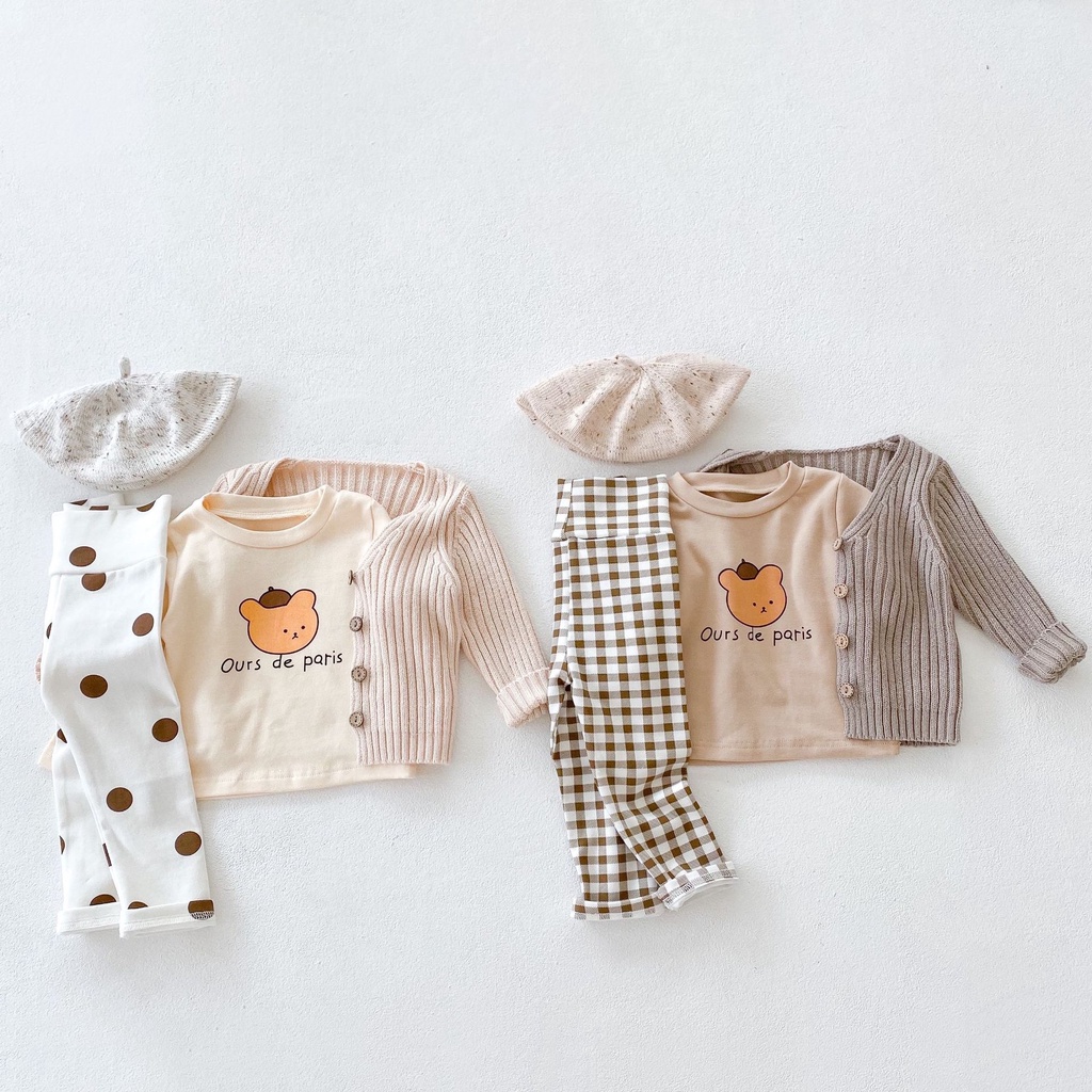 Áo Thun Dài Tay Cổ Tròn / Áo Khoác Cardigan / Quần Dài Lưng Cao Thời Trang Cho Bé