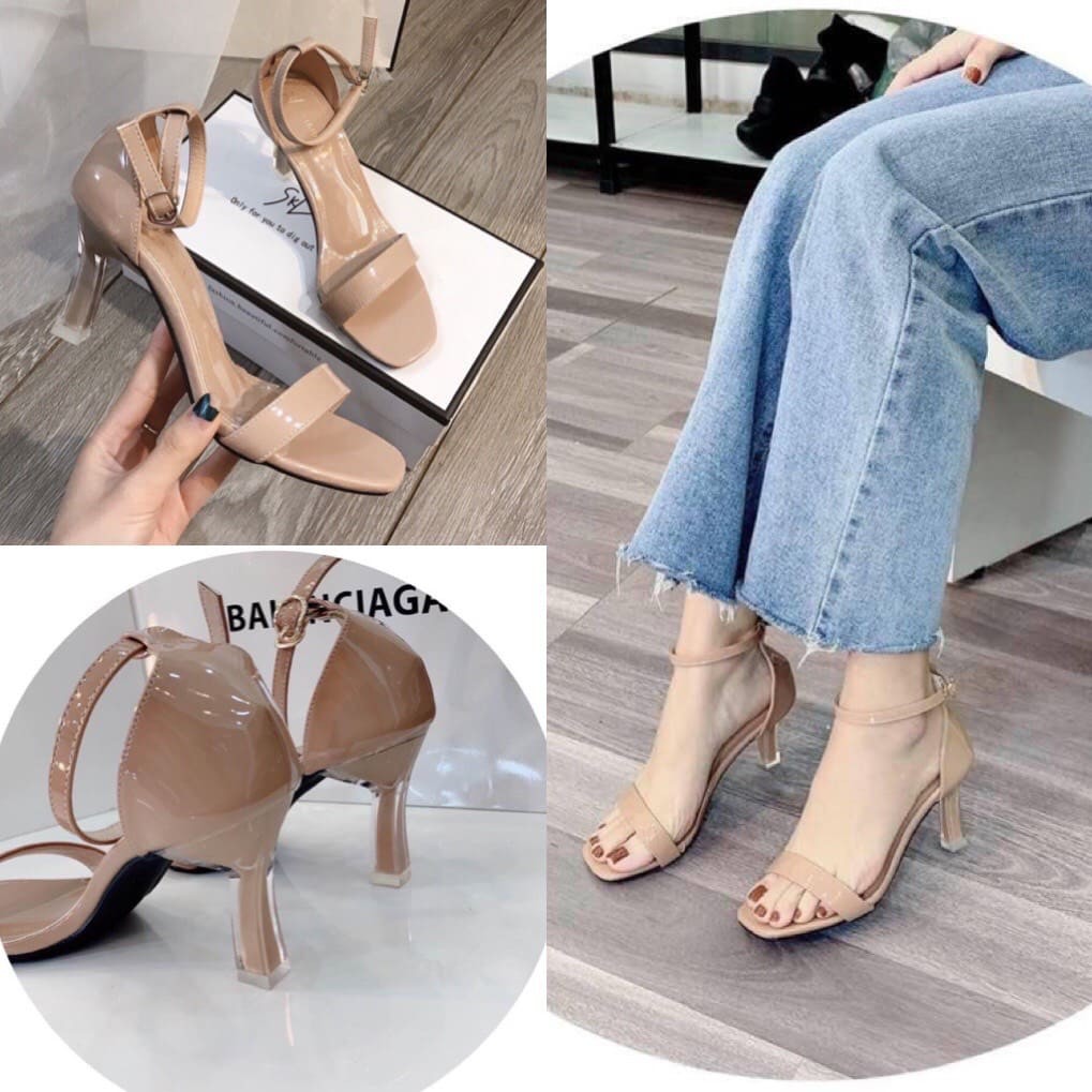Sandal bít gót da bóng quai mảnh gót nhọn 5 phân màu đen/kem