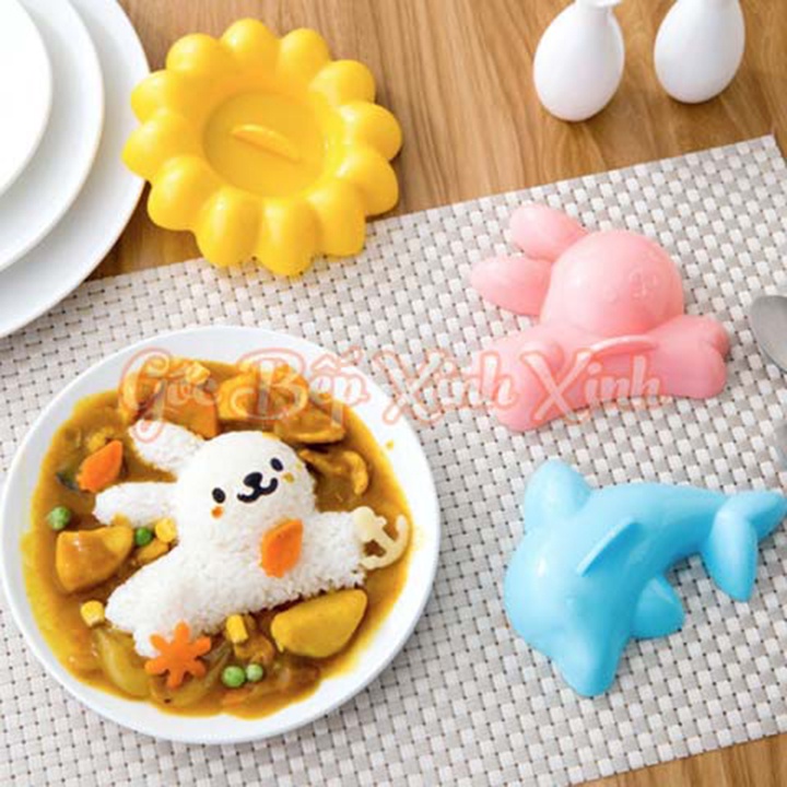 Bộ khuôn ép cơm tạo hình cá heo, thỏ và hoa bento Nhật Bản