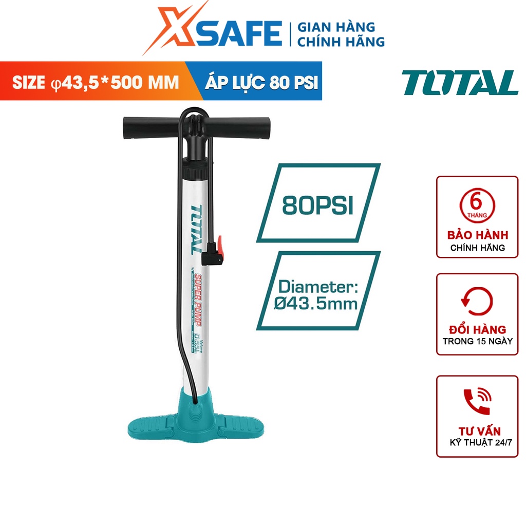 Máy bơm hơi TOTAL TMPP4501, bơm hơi dùng tay, ống nhựa áp suất cao ống thép, đế nhựa kích thước φ43,5*500mm - chính hãng