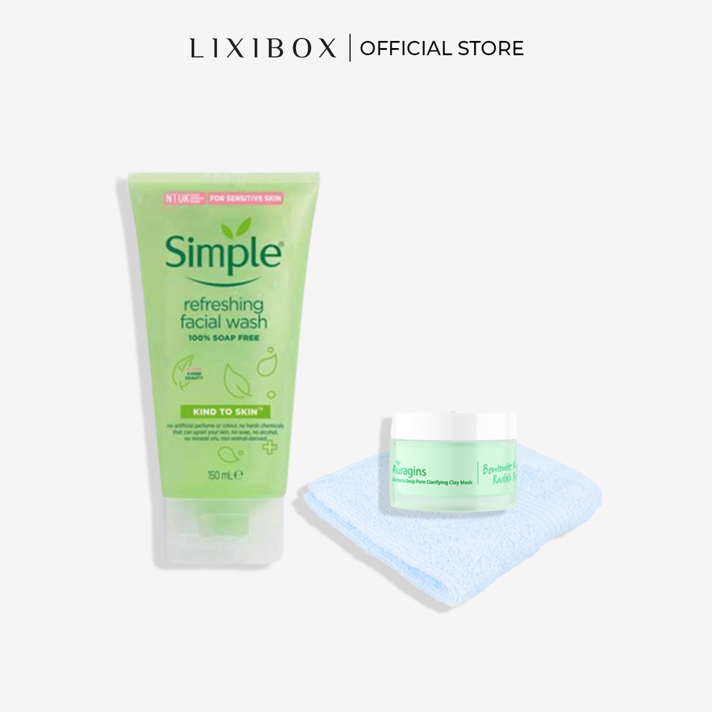 [HB Gift] Combo Khăn Mặt Cotton Lixibox, Sữa Rửa Mặt Simple, Mặt Nạ Đất Sét The Auragins.