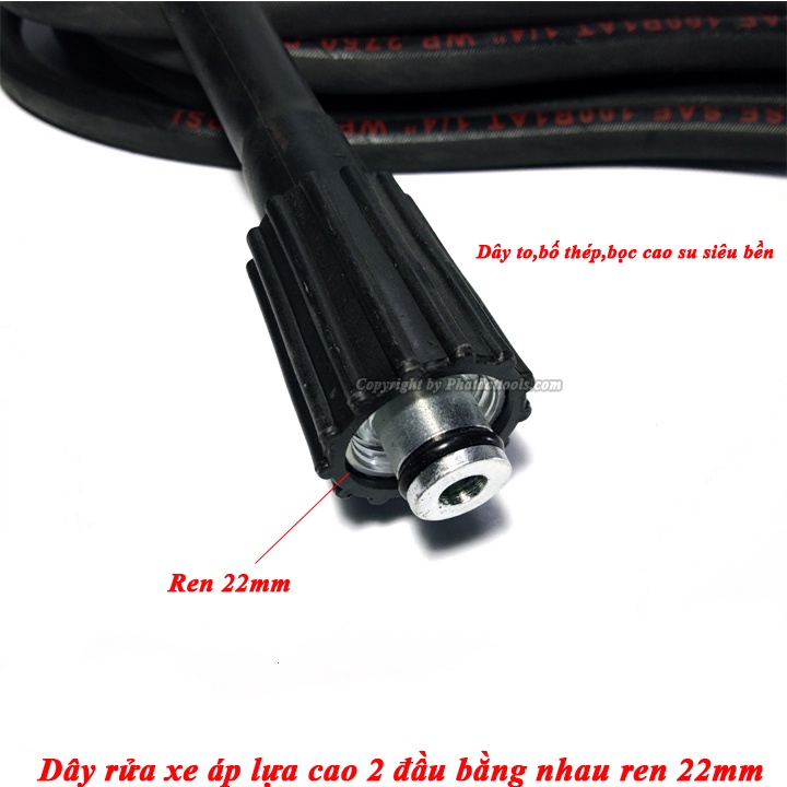 Dây áp lực cao 10m đen 2 đầu ren 22 dùng cho máy rửa xe áp lực cao - Tặng kép nối dài dây rửa xe ren 22