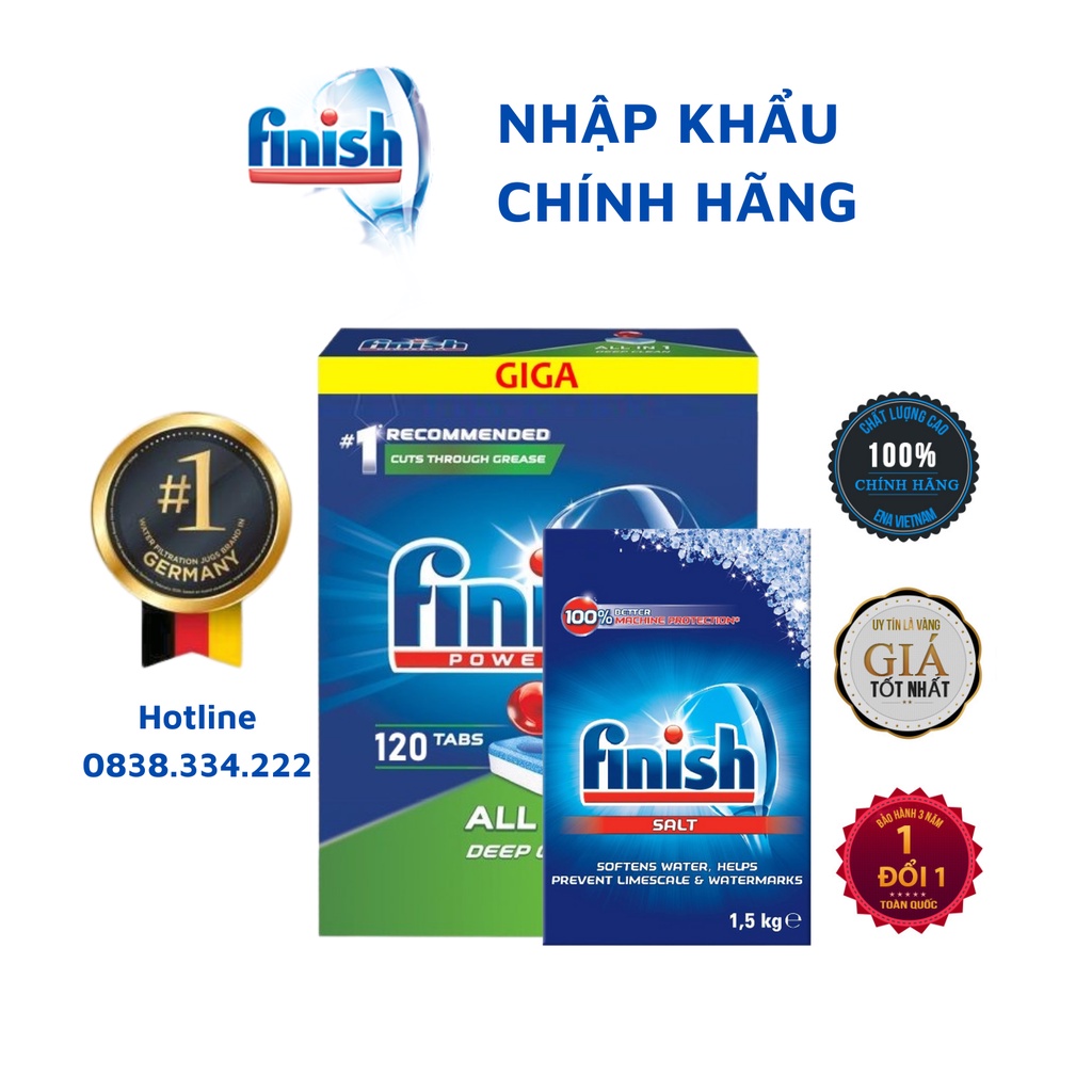[HCM] Combo Viên rửa chén bát Finish All in one 120 viên + Muối Finish 1,5kg