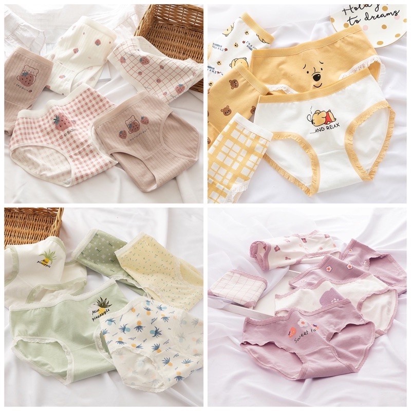 SET 5 Quần Lót Cotton Nữ Thông Hơi Kháng Khuẩn Hút Mồ Hôi Hoạ Tiết Dễ Thương Cute