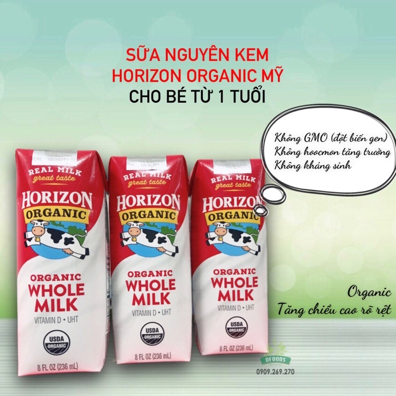 (Date 11.2023) Sữa nước HORIZON ORGANIC WHOLE MILK vị Nguyên Kem - 236ml
