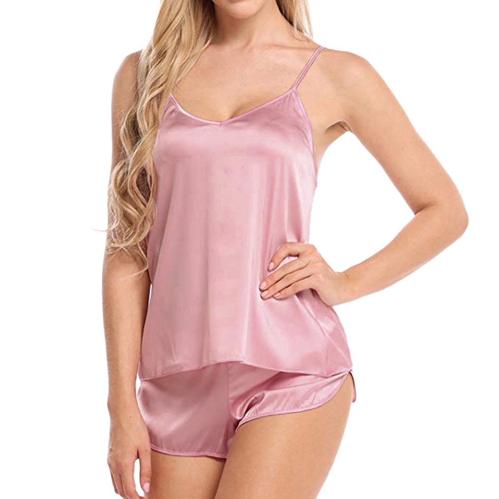 Bộ Đồ Ngủ Lụa Satin Sát Nách Cổ Chữ V Quyến Rũ Cho Nữ