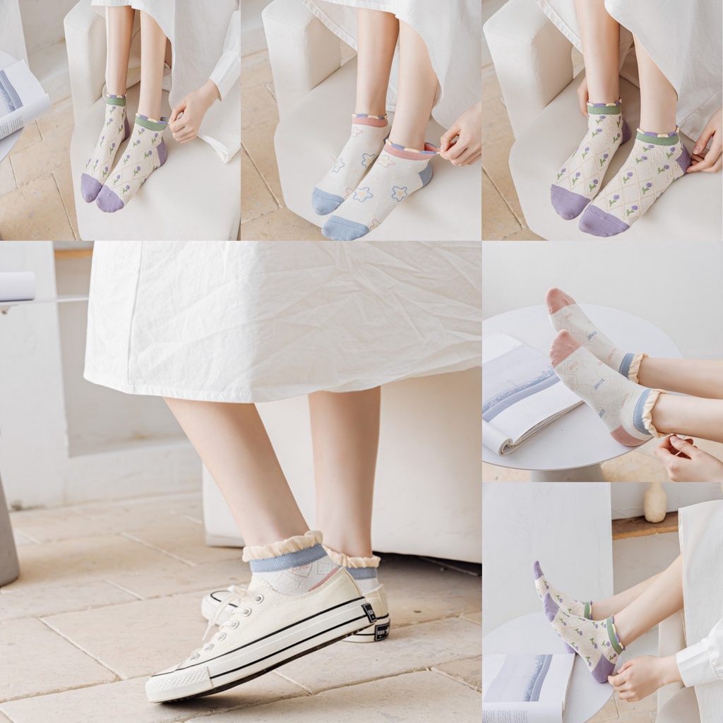 Vớ tất cổ ngắn LOLITA xoăn cổ màu xanh lá tím hồng pastel