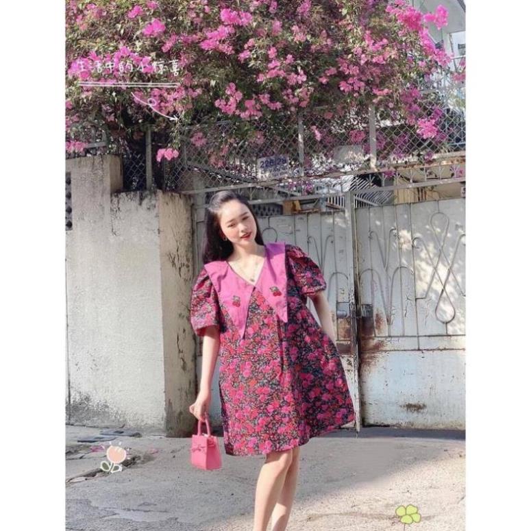 Đầm Bầu Suông Đẹp CELORA, Váy Suông Hoa Nhí Thiết Kế dáng rộng phối cổ vạt nhọn thêu trái cherry tay phồng