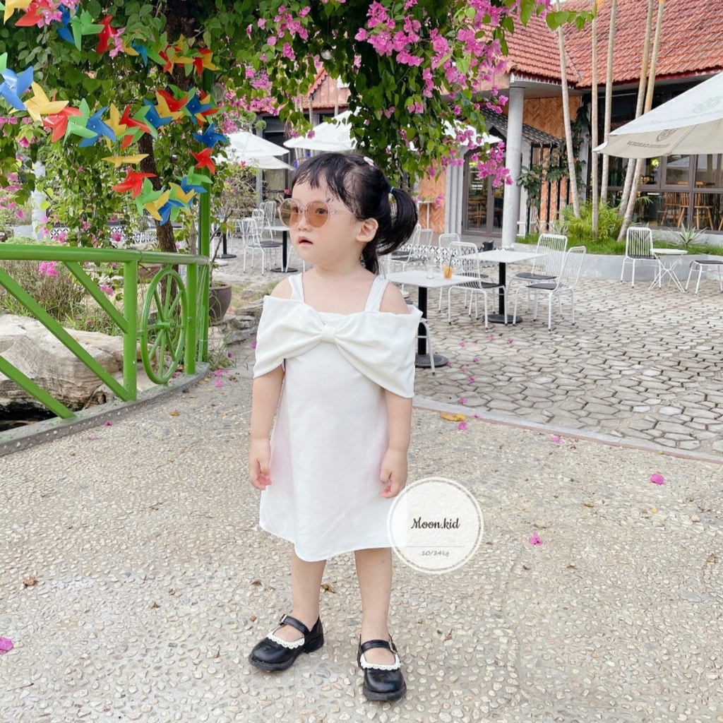Váy 2 dây bé gái dáng xòe đính nơ ngực trễ vai bé gái từ 10-22kg