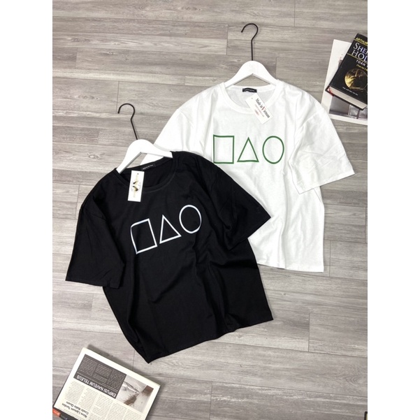 Áo phông cotton hình học phom thụng tay lỡ Áo thun dáng rộng ngắn tay nữ