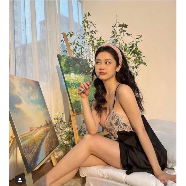 VN12 váy ngủ đầm ngủ lụa ren dáng xòe dây chéo lưng sexy