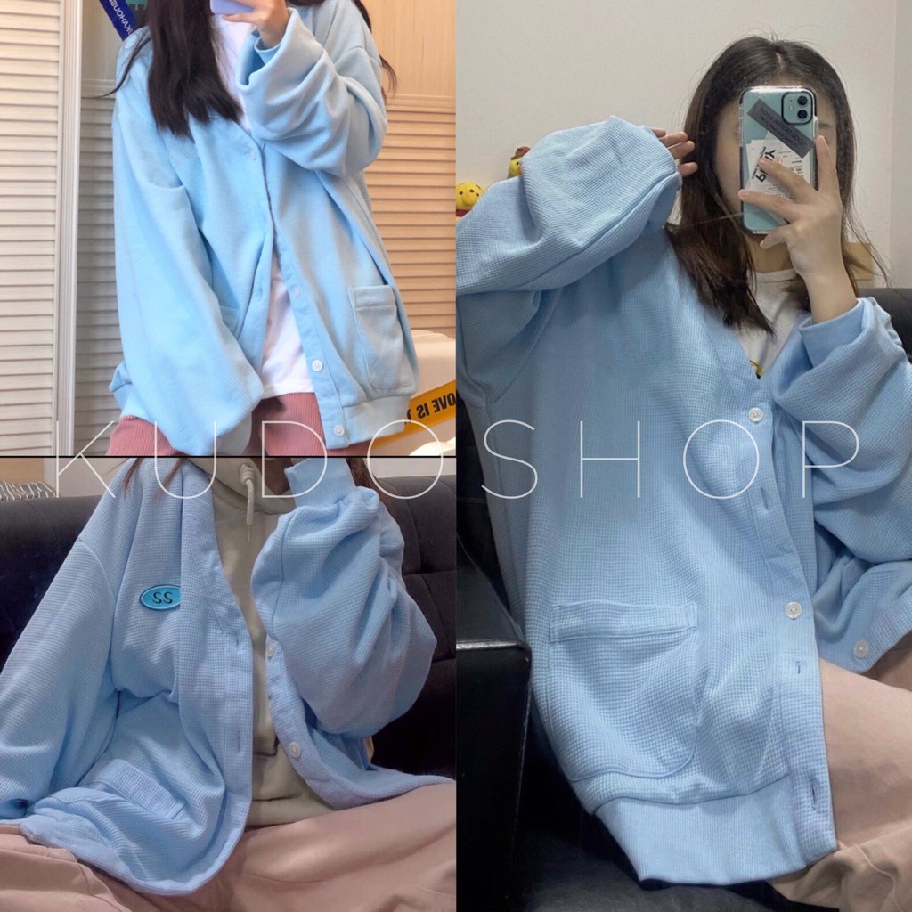 Áo khoác ngoài cadigan nỉ SS xanh dáng rộng ulzzang/ Áo khoác nhẹ nữ cúc cài tay bồng xinh xắn_kudoshop