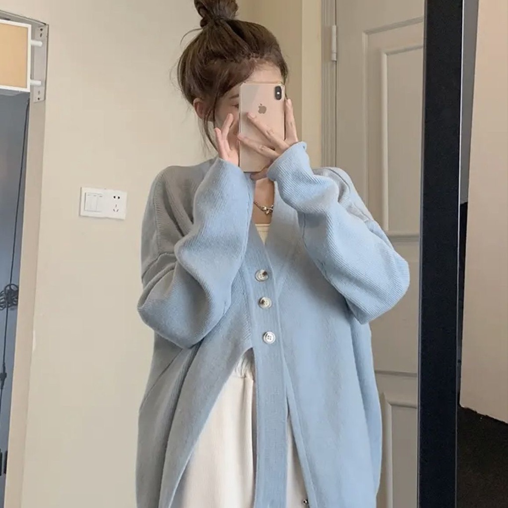Áo Khoác Sweater Dệt Kim Dáng Rộng Màu Xanh Dương Thời Trang Thu Đông