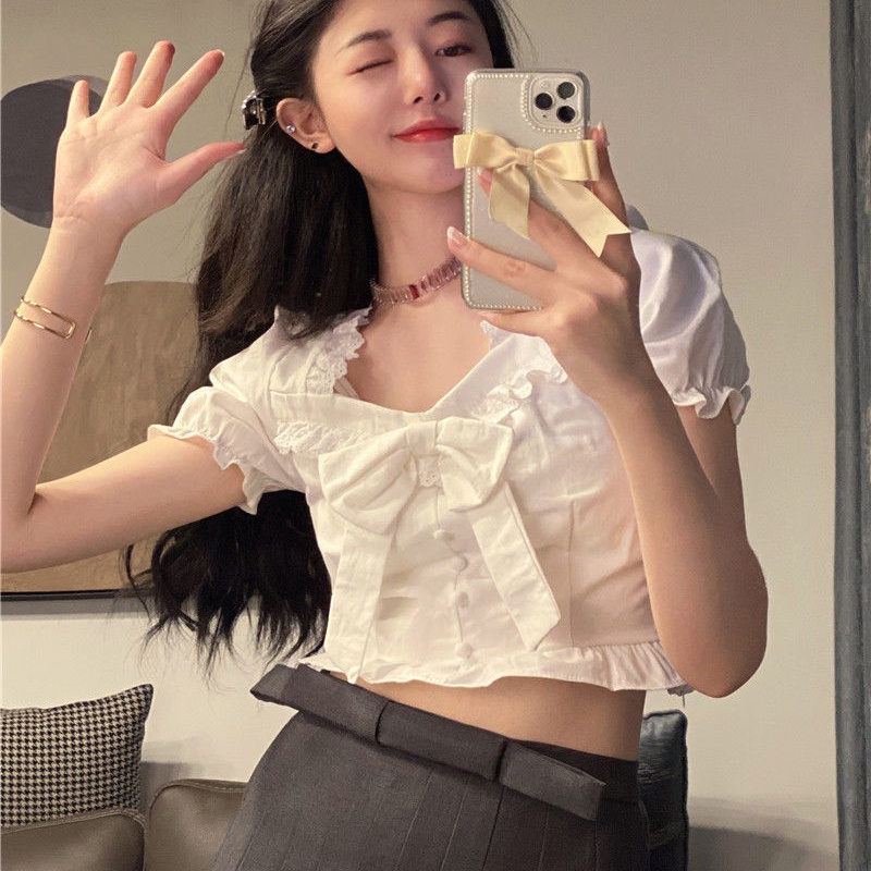 IELGY Áo Sơ Mi Trắng Tay Ngắn Phồng Cổ Vuông Phong Cách Pháp Thời Trang Mùa Hè Cho Nữ