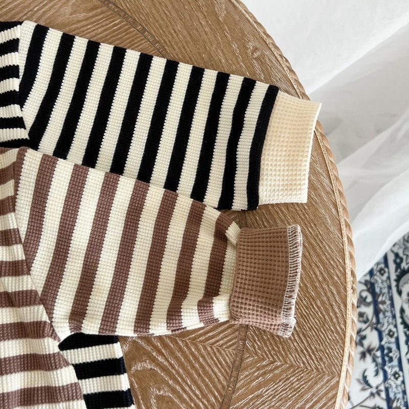 Bộ Áo Liền Quần Bằng Cotton Tay Dài Họa Tiết Kẻ Sọc Phối Màu Thời Trang Mùa Thu Phong Cách Hàn Quốc Dành Cho Bé Trai Gái 0-2 Tuổi