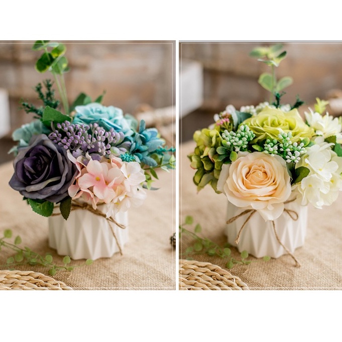 Bình hoa giả cắm sẵn cao cấp để bàn trang trí phòng ngủ mini phòng khách - Nguyên set gồm bình và hoa mã Decor