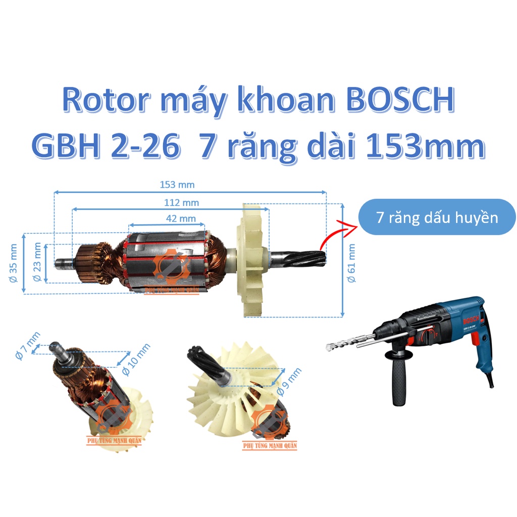 Rotor/ruột máy khoan BOSCHH GBH 2-26 6 răng -7 răng các loại- rotor 2-26 lacela tặng kèm chổi than cao cấp