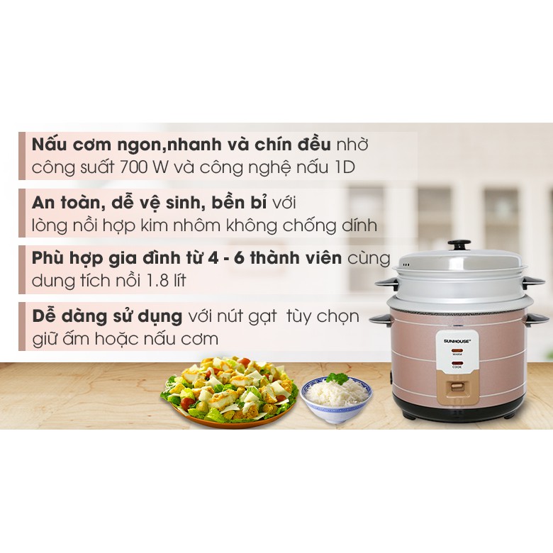 Nồi cơm điện Sunhouse 1.8 lít SHD8125 - hàng chính hãng ,Lòng nồi dày 0,8 mm làm bằng hợp kim nhôm dày bền