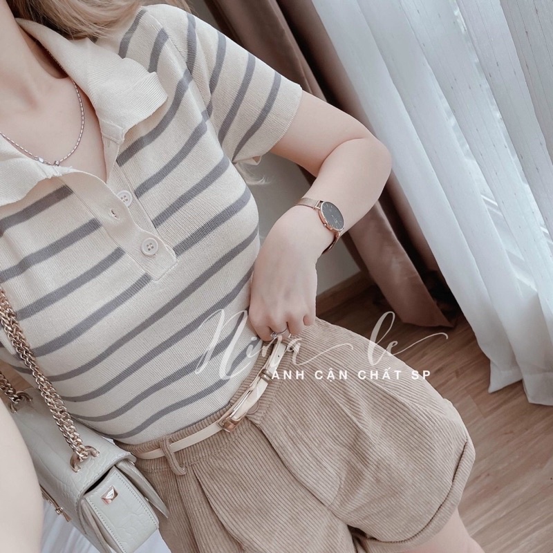 Áo len nữ cộc tay cổ bẻ kẻ sọc ngang CD hàng QC